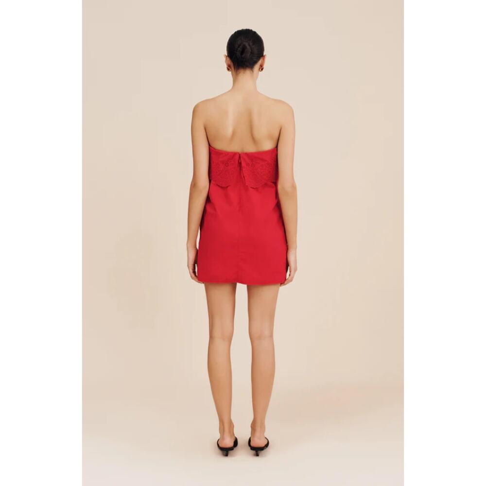 NWT POSSE Beryl Strapless Mini Dress Pockets Ruby Red Cotton Eyelet Lined L - Picture 2 of 13